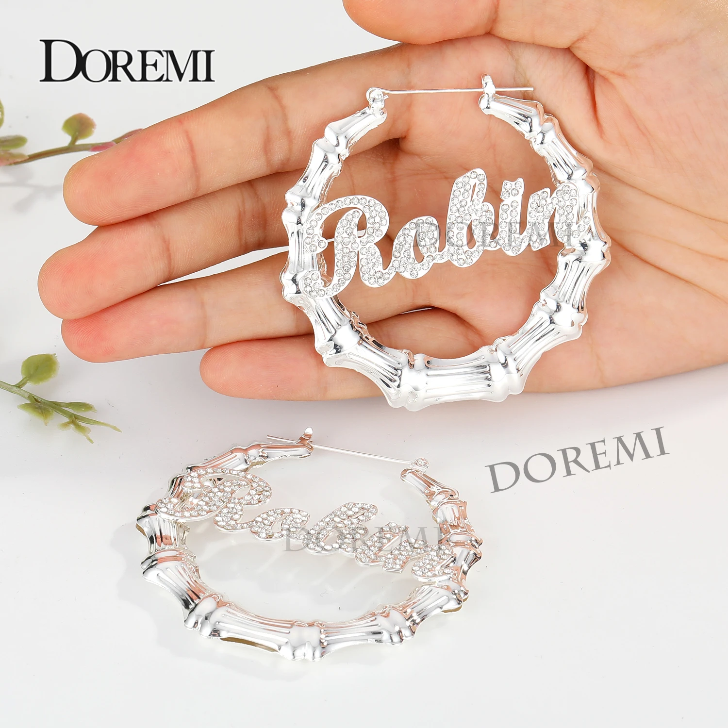 Top Trends: DOREMI Bling Name Bamboo Earrings Custom Trapezoid Hoop Bamboo Names Earrings Letter Big Personalised Name Earrings Women Gift Shoppable Styles