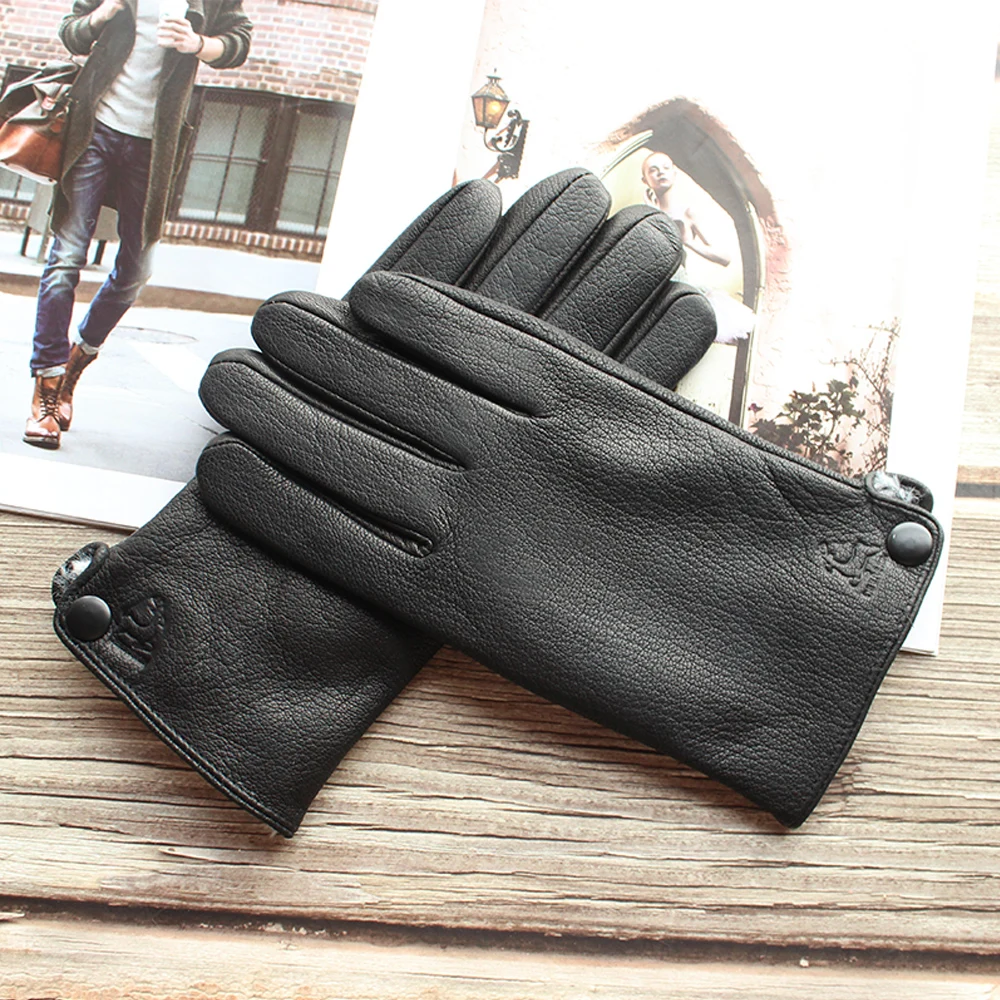 Top Trends: Men's Fashion Black Corrugated Deerskin Gloves Leather Velvet Lining Imitation Rabbit Fur Autumn Winter Windproof Warm Gloves Shoppable Styles - Image 2