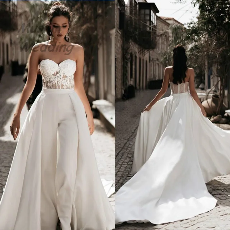 Top Trends: Boho Jumpsuit Wedding Dress With Detachable Train 2 In 1 Overskrit Beach Bride Gown 2023 Sweetheart Lace Plus Size Garden Bridal Shoppable Styles