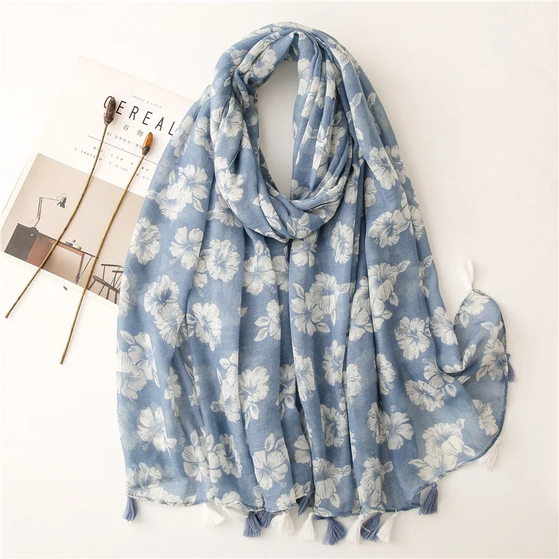 Top Trends: 2022 Fashion Sky Blue Penoy Floral Tassel Viscose Shawl Scarf Lady Print Soft Wrap Pashmina Stole Bufandas Muslim Hijab 180*90Cm Shoppable Styles