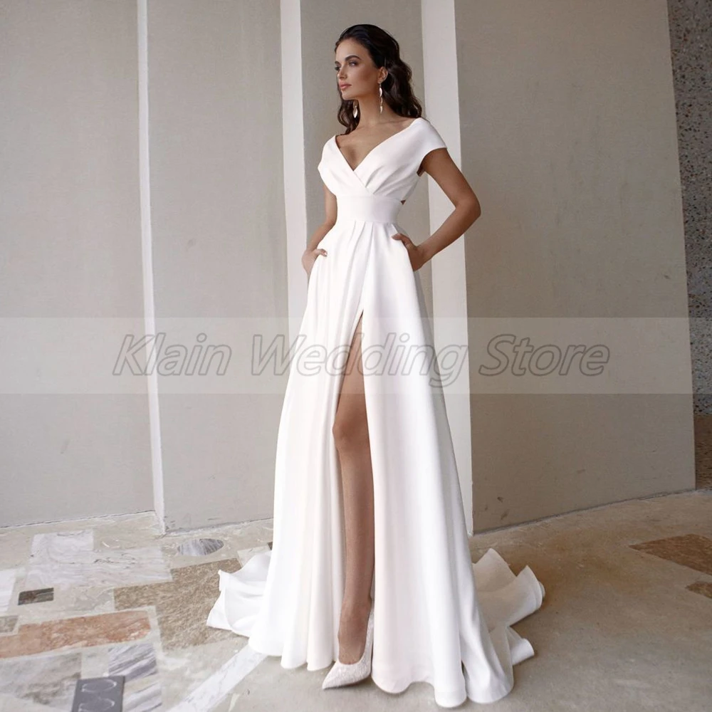 Top Trends: Modest V-Neck Civil Wedding Dress With Slit For Women Simple Cap Sleeve Sweep Train A Line Bridal Gown Pockets Custom Made Shoppable Styles - Image 4