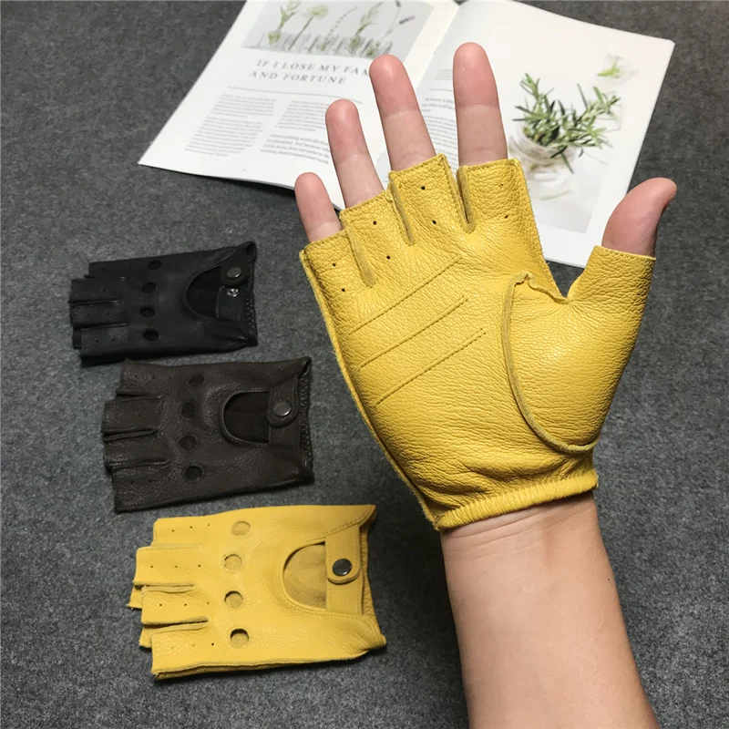 Top Trends: Fitness Men's Sheepskin Half Finger Gloves Black Yellow Coffee Riding Motorcycle Fingerless Comfortable Non Slip Deerskin Gloves Shoppable Styles