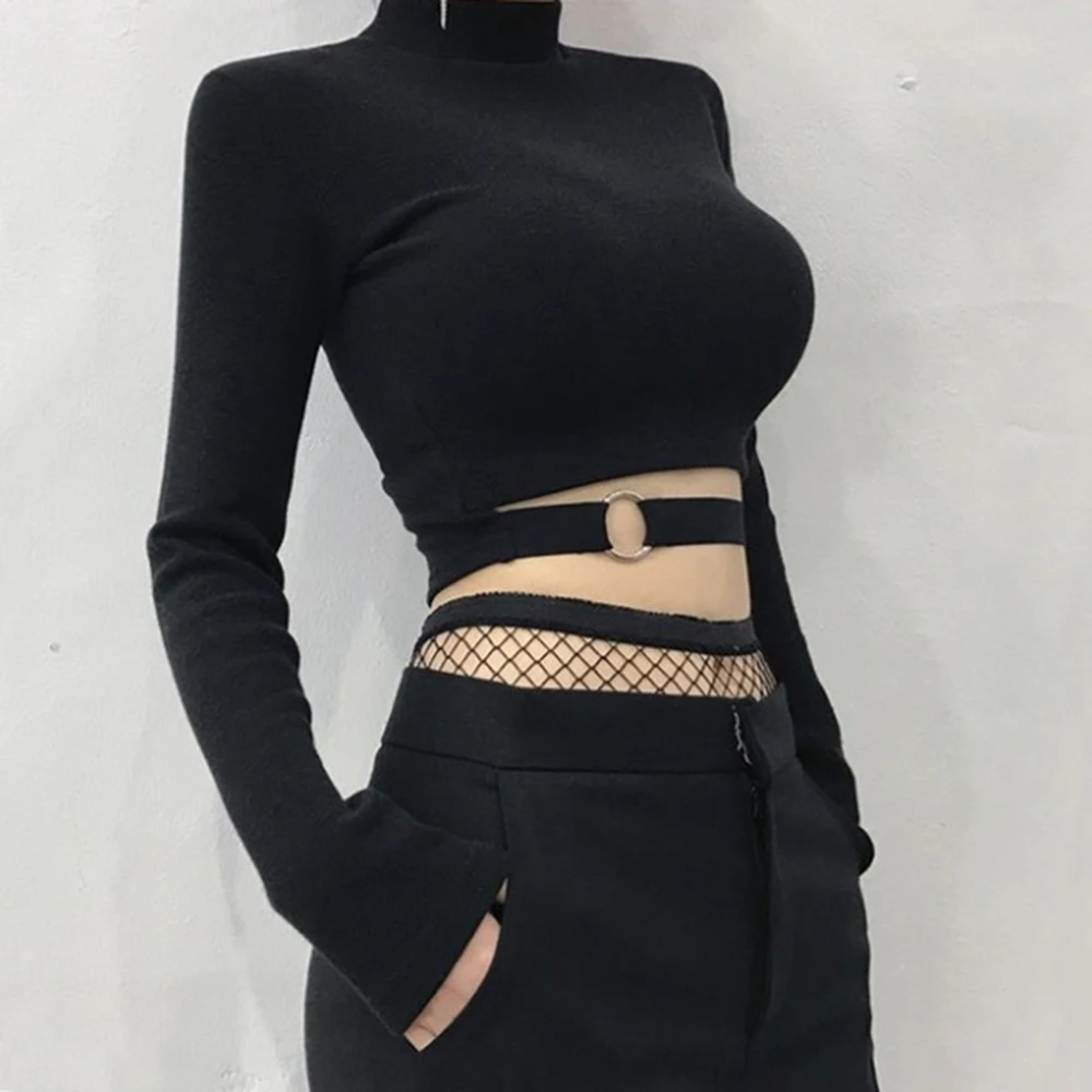 Top Trends: Women Slim Short T-shirt Sexy Tight Turtleneck Long Sleeve Goth Crop Top Solid Black Club Autumn Spring Streetwear Harajuku Shoppable Styles