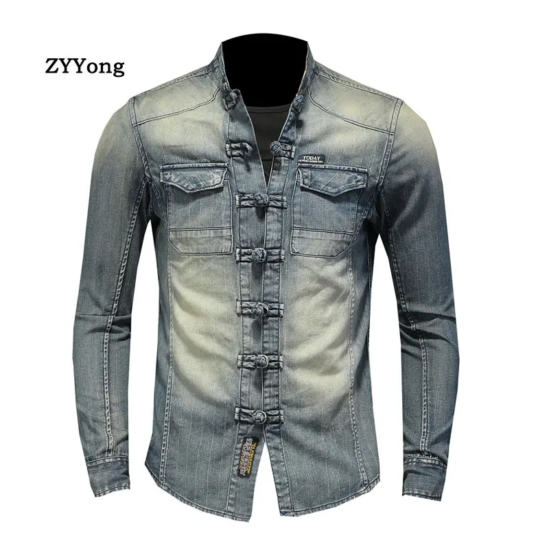 Top Trends: Fashion Long Sleeve Stand Collar Men's Denim Shirt Slim Soft Comfortable Motorcycle Style Streetwear Leisure Blue Thin Coat Shoppable Styles