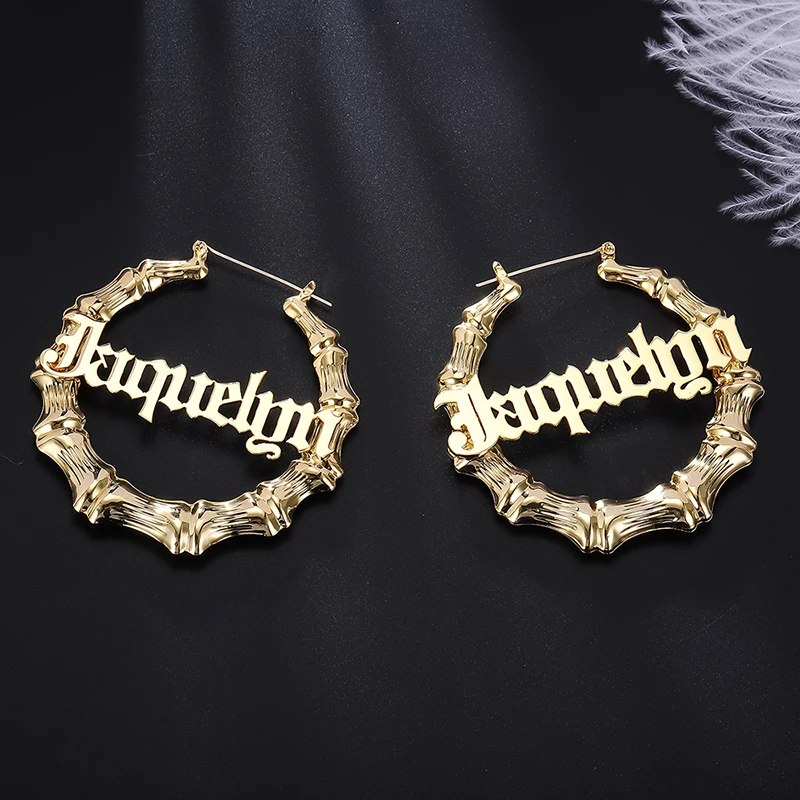 Top Trends: 45mm-90mm Custom Bamboo Hoop Earrings Customize Name Earrings Bamboo Style Personality Earrings With Statement Words Hiphop Sexy Shoppable Styles