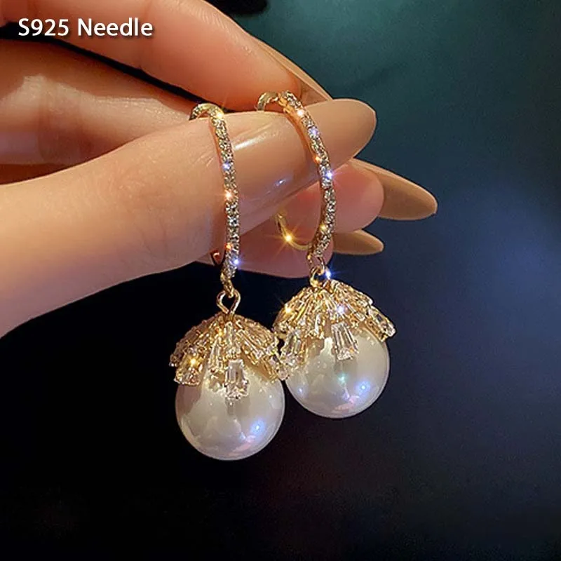 Top Trends: 925 Sterling Silver Needle Long Dangle Drop Earrings For Women Jewelry Luxury Cubic Zircon 18K Gold Pearls Female Earrings Shoppable Styles