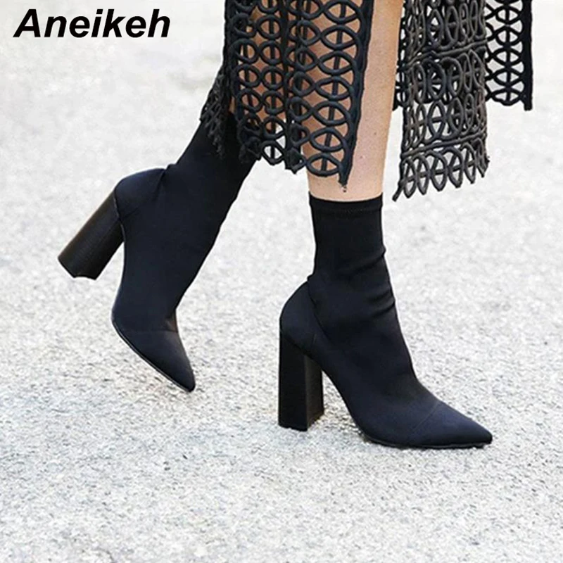 Top Trends: Aneikeh Fashion Ankle Boots For Women Pointed Toe Sock Boots Square High Heel Boots Shoes Woman Slim Stretch Bota Feminina 41 Shoppable Styles