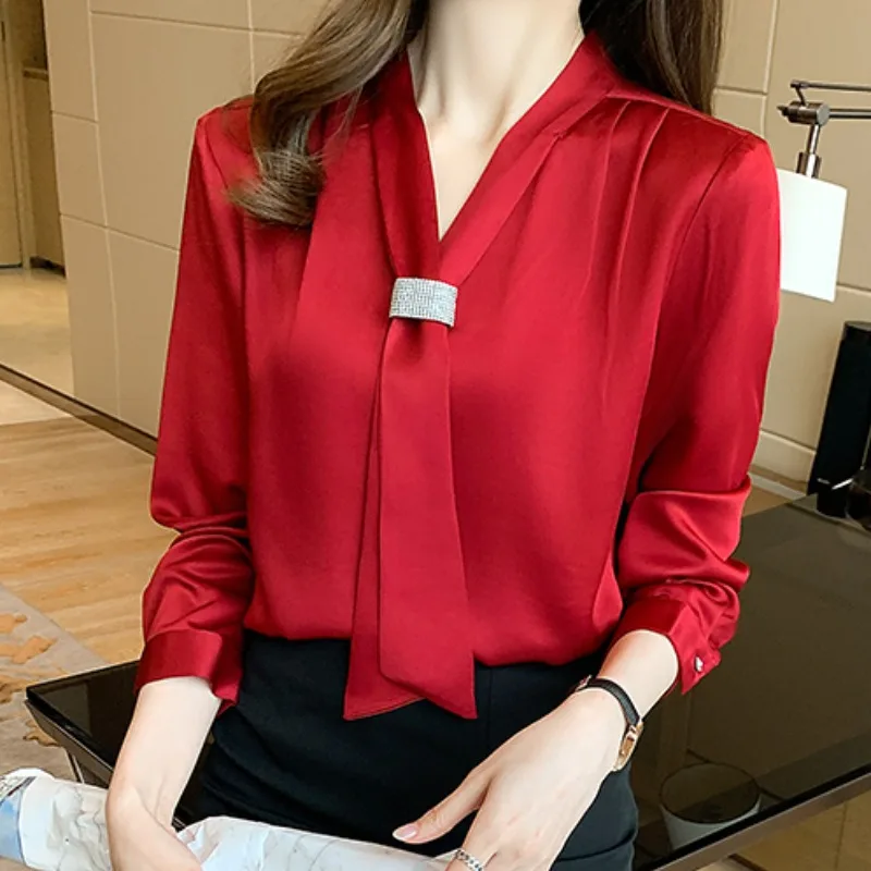 Top Trends: Korean Women Shirts Chiffon Blouses For Women Long Sleeve Shirts Tops Woman Ribbon Blouse Tops Fashion Woman Bow Tie Shirt XXL Shoppable Styles