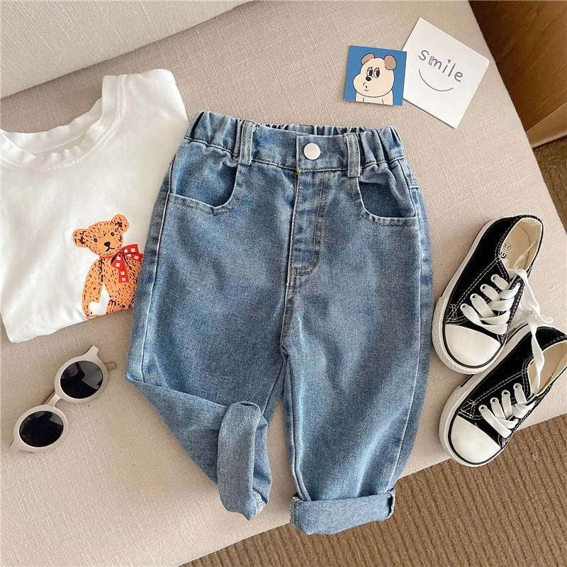 Top Trends: Spring Autumn Girls Embossed Smile Jeans 1-6 Years Children Fashion Solid Color All-match Denim Pants Shoppable Styles