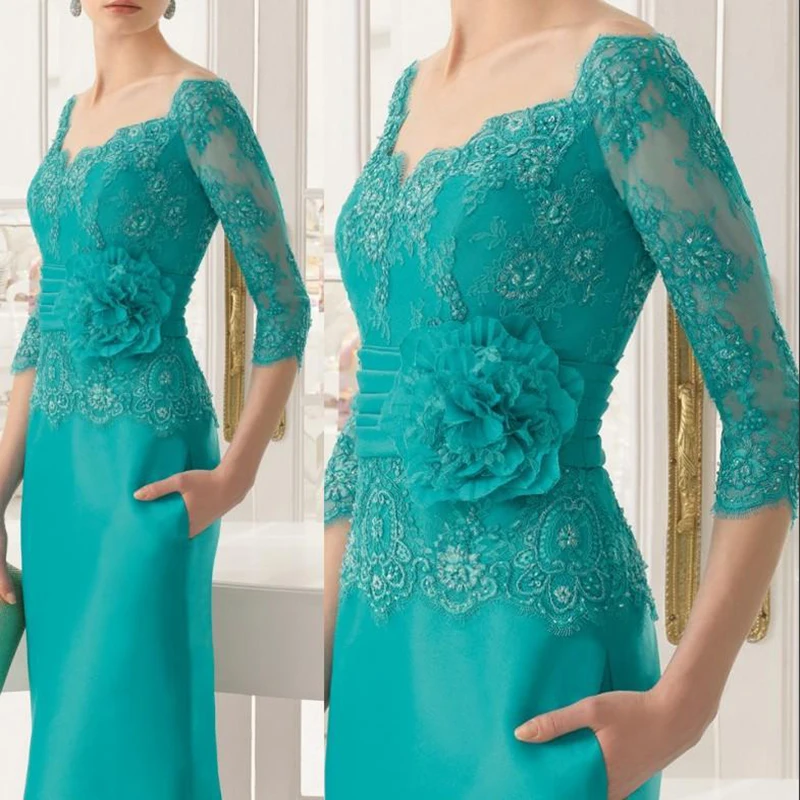 Top Trends: Gorgeous Teal Lace Mother Of The Bride Dresses Off Shoulder Three Quarter Sleeves Wedding Guest Gowns V Neck Full Length Flowers Shoppable Styles