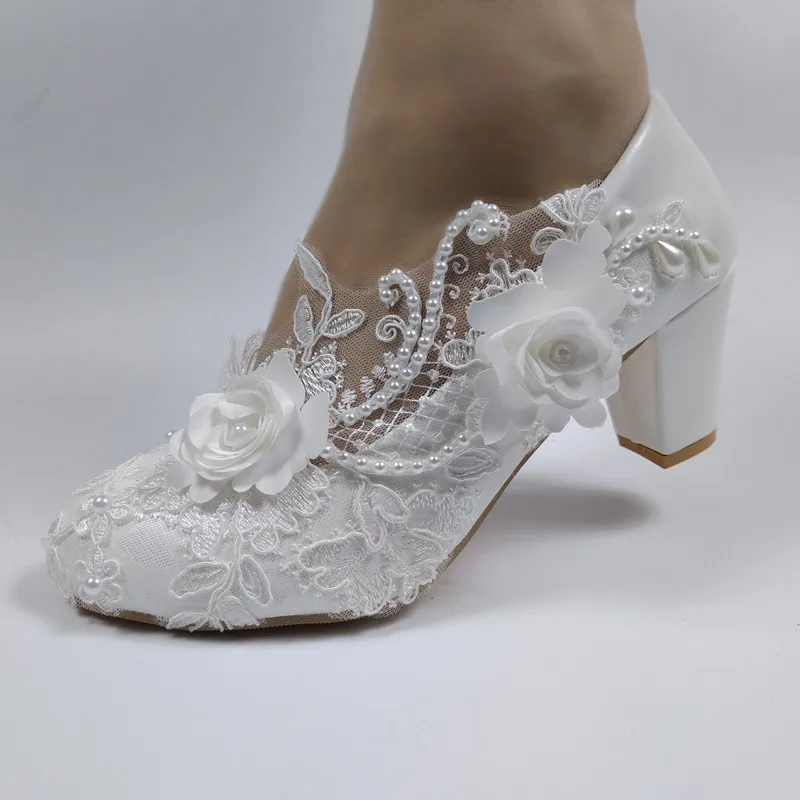 Top Trends: 2022 New Arrival Women Wedding Shoes Bridesmaid Dress Shoes Thick Heeled Med Heel Shoes White Lace Shoes Flower Female Shoes Shoppable Styles