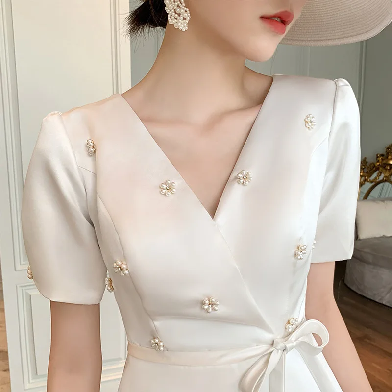 Top Trends: French V Neck Party Dress Women Beading Pearls Flower Short Sleeve Evening Dress White Elegant Prom Dresses Bridesmaid Vestidos Shoppable Styles