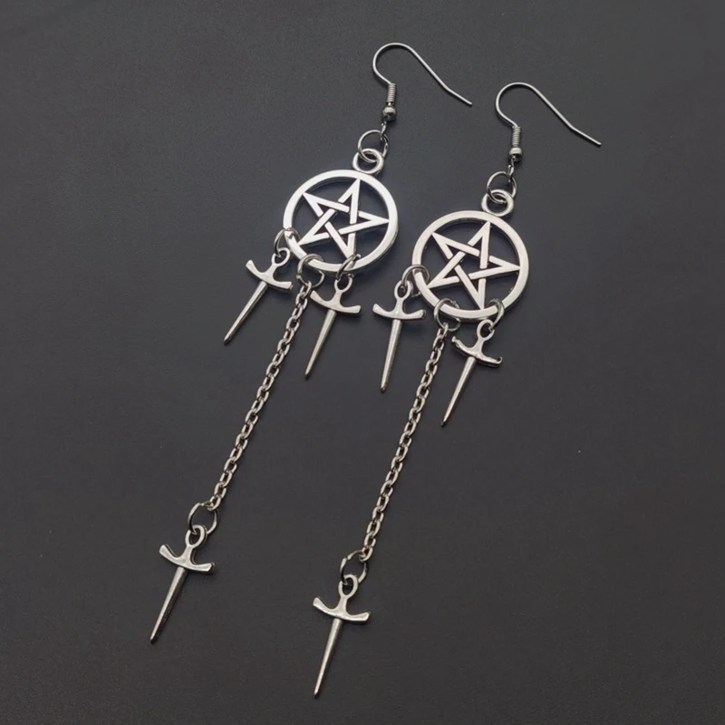 Top Trends: Pentagram Swords Earrings Silver Plated Huggie Hoops Dangle Witchy Jewelry Pagan Wiccan Tarot Gothic Emo Women Gift Shoppable Styles - Image 2