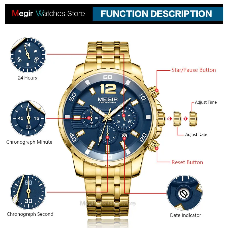 Top Trends: Megir Men's Gold Stainless Steel Quartz Watches Business Chronograph Analgue Wristwatch For Man Waterproof Luminous 2068GGD-2N3 Shoppable Styles - Image 5