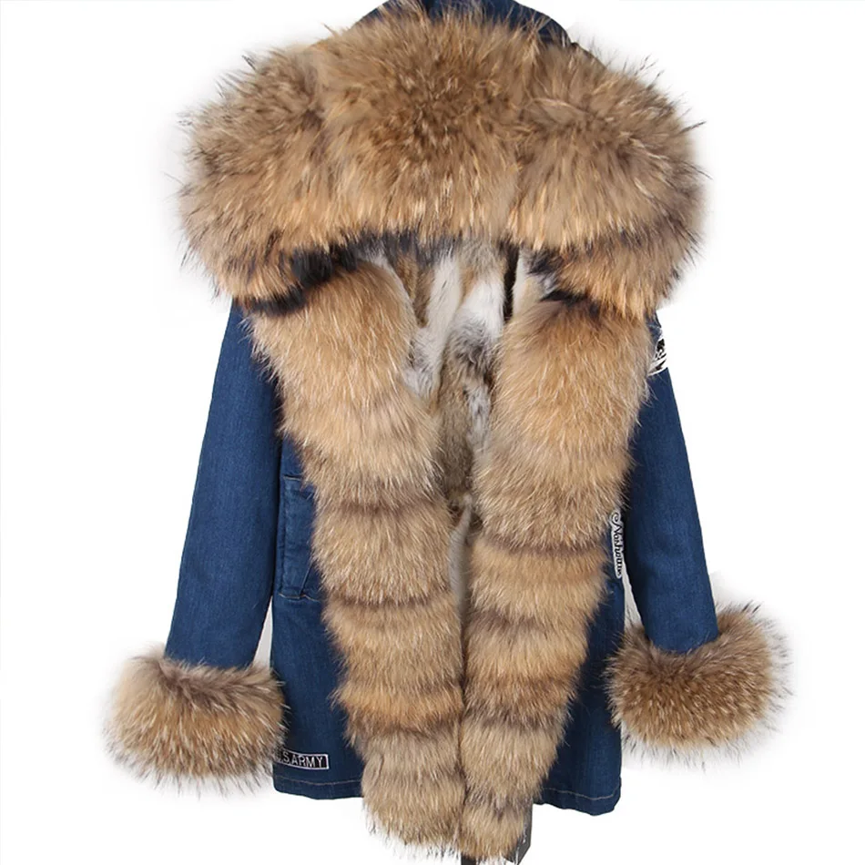 Top Trends: Maomaokong Real Raccoon Fur Coat Fox Collar Denim Coats Winter Jackets Women Parkas Hooded Real Rabbit Fur Liner Women's Jacket Shoppable Styles