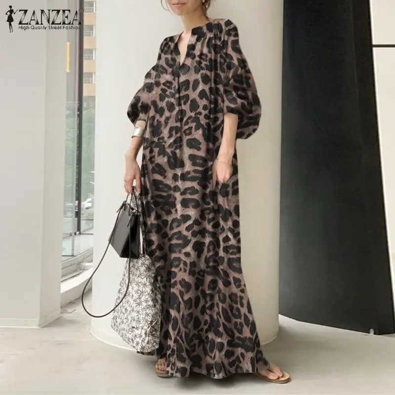 Top Trends: Fashion Printed Maxi Dress Women&#039;s Leopard Sundress 2023 ZANZEA Spring Puff Sleeve Long Vestidos Female V Neck Robe Oversize Shoppable Styles