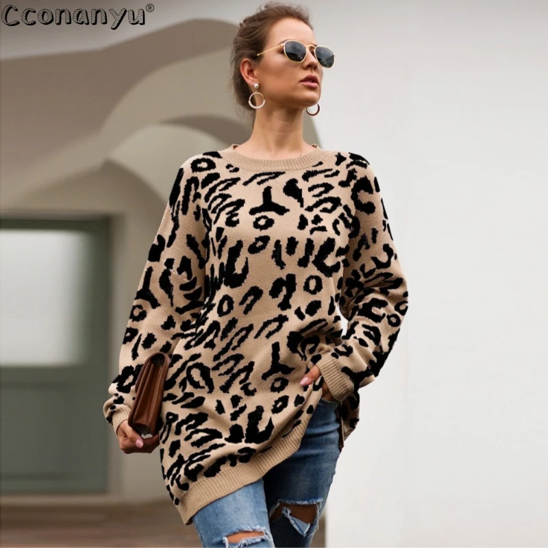 Top Trends: 2019 Autumn Winter Clothing Ladies Long Sweater Fashion Womens Loose Pullovers And Sweaters Leopard Print Knitted Sweater Shoppable Styles