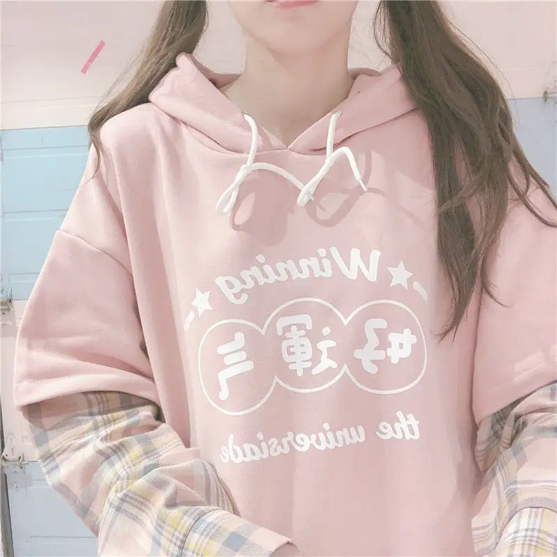 Top Trends: QWEEK Kawaii Pink Hoodies Women Soft Girl Japanese Harajuku Patchwork Plaid Long Sleeve Letter Sweatshirt Korean Cute Clothes Shoppable Styles