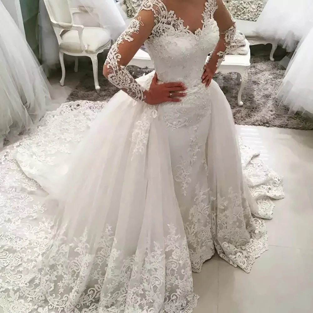 Top Trends: 2020 New 2 In 1 Arabic Amazing Detachable Train Mermaid Wedding Dress Long Sleeve Lace Bridal Wedding Gowns Shoppable Styles