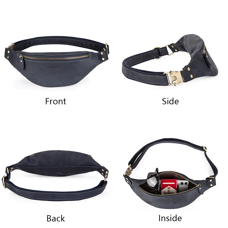 Top Trends: CONTACT'S 100% Crazy Horse Leather Waist Packs Travel Fanny Pack For Men Leather Waist Bag Male Belt Bag Multifunction Chest Bag Shoppable Styles - Image 3