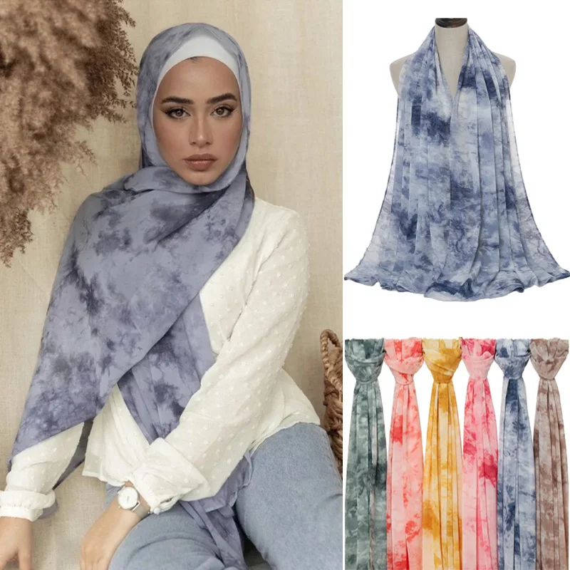 Top Trends: Newest Tie-Dye Printed Chiffon Scarf Hijab Women Muslim Scarves Wrap Islamic Shawl Headband Malaysia Headscarf Scarves 180*70cm Shoppable Styles