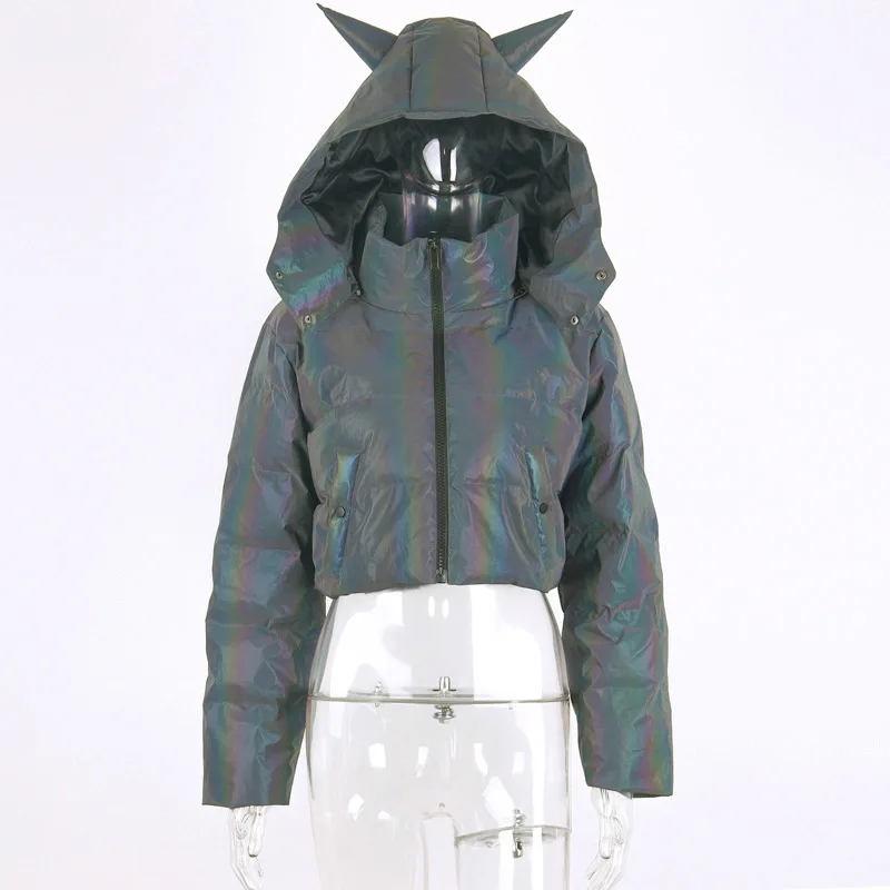 Top Trends: Women Reflective Rainbow Jacket Winter Warm Cotton Padded Short Coat Detachable Hood Hip Hop Sexy Girls Safe Outwear Drop Ship Shoppable Styles - Image 6