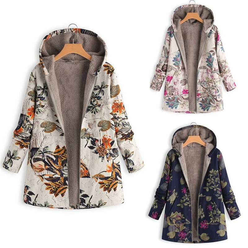 Top Trends: 2021 New Women Winter Warm Floral Hooded Jacket Flower Print Hoody Vintage Oversized Coats Winter Padded Jacket Women Parkas Shoppable Styles