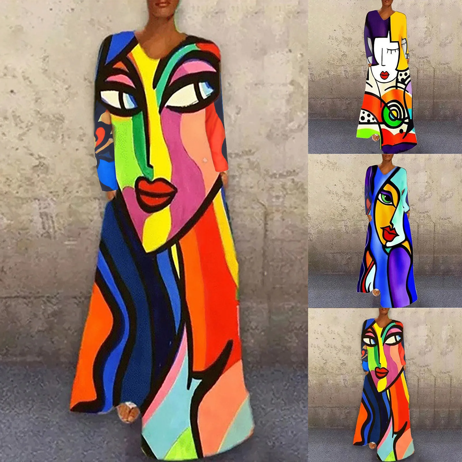 Top Trends: Women Fashion Abstract Print Casual Long Sleeve Sexy V-Neck Loose Maxi Long Dresses Summer Beach Holiday Vacation Vestidos Robe Shoppable Styles