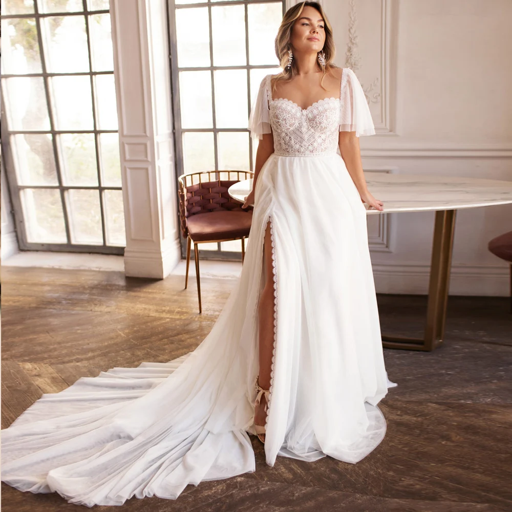 Top Trends: Chic Sheer Neck Bohemian Lace Wedding Dresses Custom Made Court Train Sexy High Slit Plus Size Bridal Gown Shoppable Styles