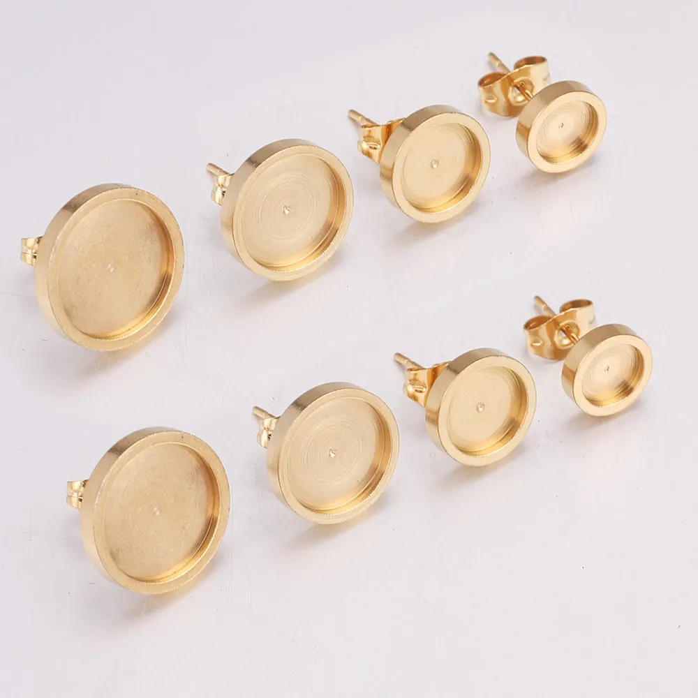 Top Trends: 10pcs / lot 6 8 10 12mm Gold Stainless Steel Flat Stud Earring Setting Blank Earring Base Resin Cabochon Tray Diy Jewelry Making Shoppable Styles