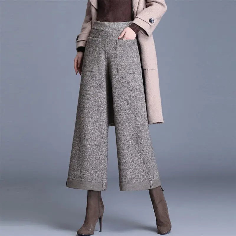 Top Trends: Woolen Wide Leg Pants Women's High Waist Capri-Pants Fall Winter Loose Casual Pants Vintage Cuffs Woolen Pants Plus Size 4XL 5XL Shoppable Styles