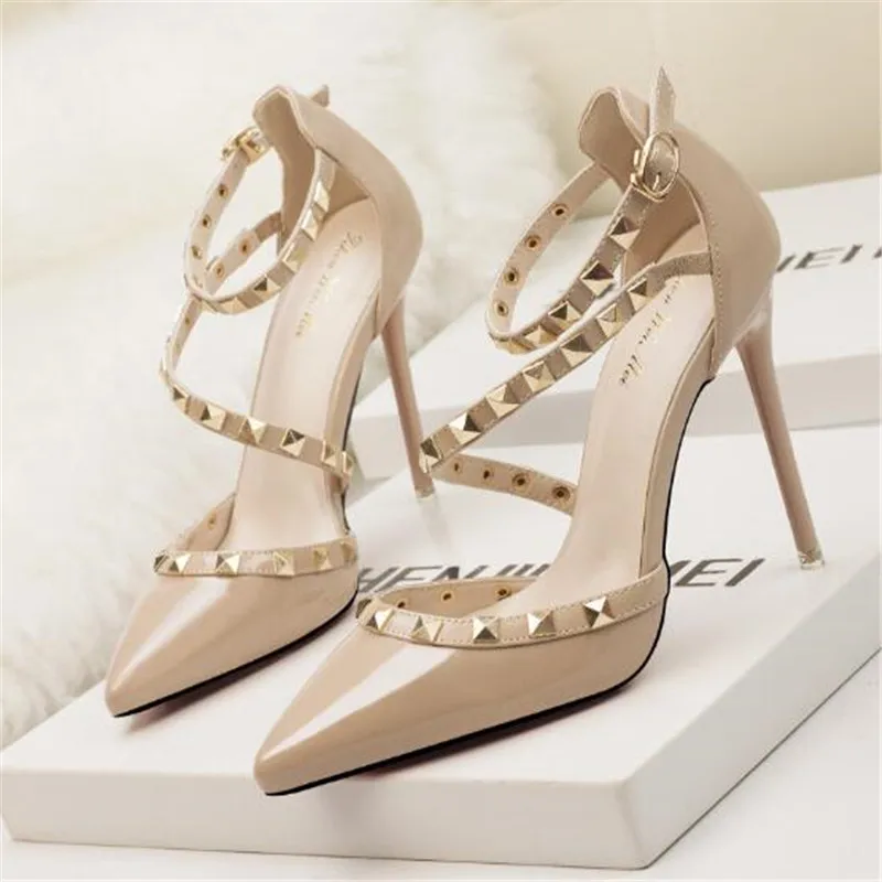 Top Trends: 2022 Summer Shoes Women High Heels Pointed Toe Pumps Sexy Rivet Ankle Strap Thin Heels Female Sandals Fashion Ladies Shoe Party Shoppable Styles