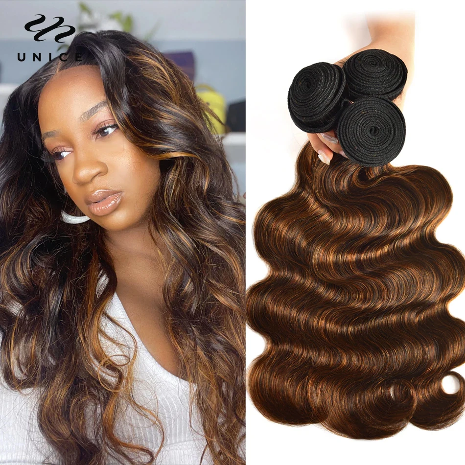 Top Trends: Unice Hair FB30 Highlight Human Hair Brazilian Hair Weave Bundles 3 Bundle Deals Straight / Body Wave 100% Human Hair Bundles Shoppable Styles