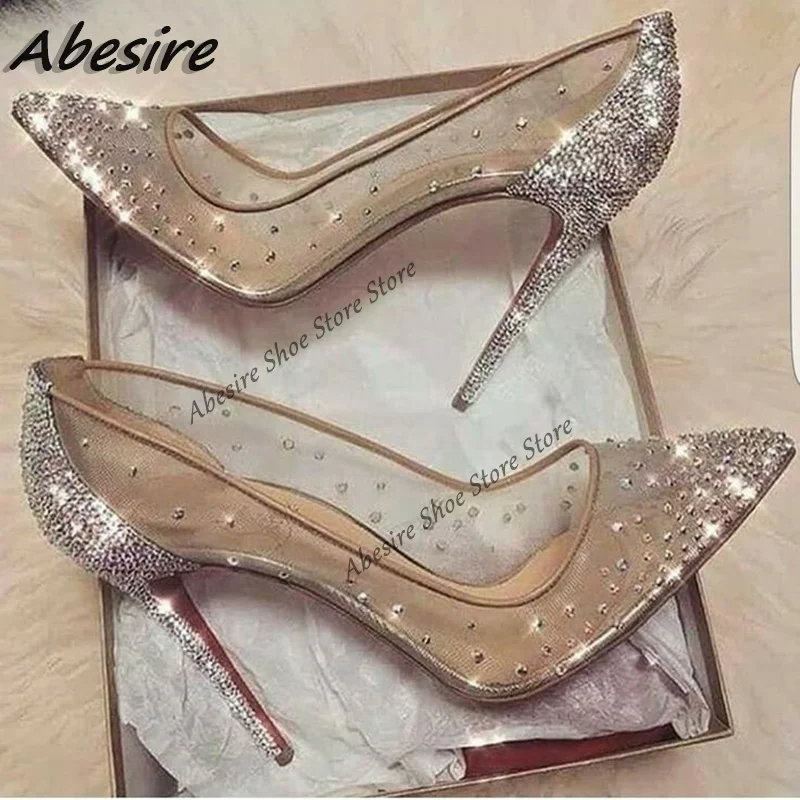 Top Trends: Abesire New Crystal Pumps Shallow Crystal Stilettos Solid Pumps Beige High Heels Woman Spring Shoes Fashion Party Sexy Big Size Shoppable Styles