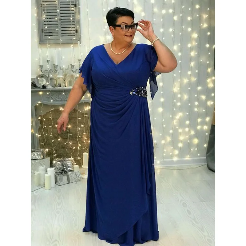 Top Trends: Plus Size Mother Of The Bride Dresses V-neck Short Sleeve A-line Formal Evening Gowns Chiffon Sequined Mother Gowns For Weddings Shoppable Styles