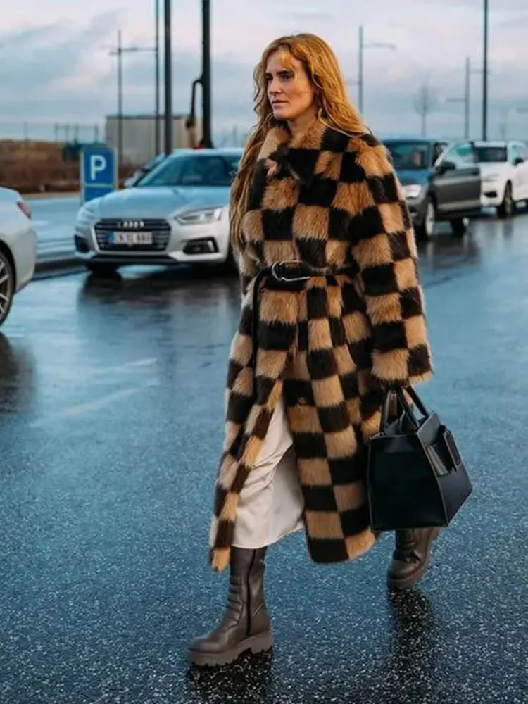 Top Trends: Checkerboard Plaid Faux Fox Fur Coat For Women Long Thick Warm Winter Plush Jacket Artificial Fur Coat Fake Fur Coat Overcoat Shoppable Styles