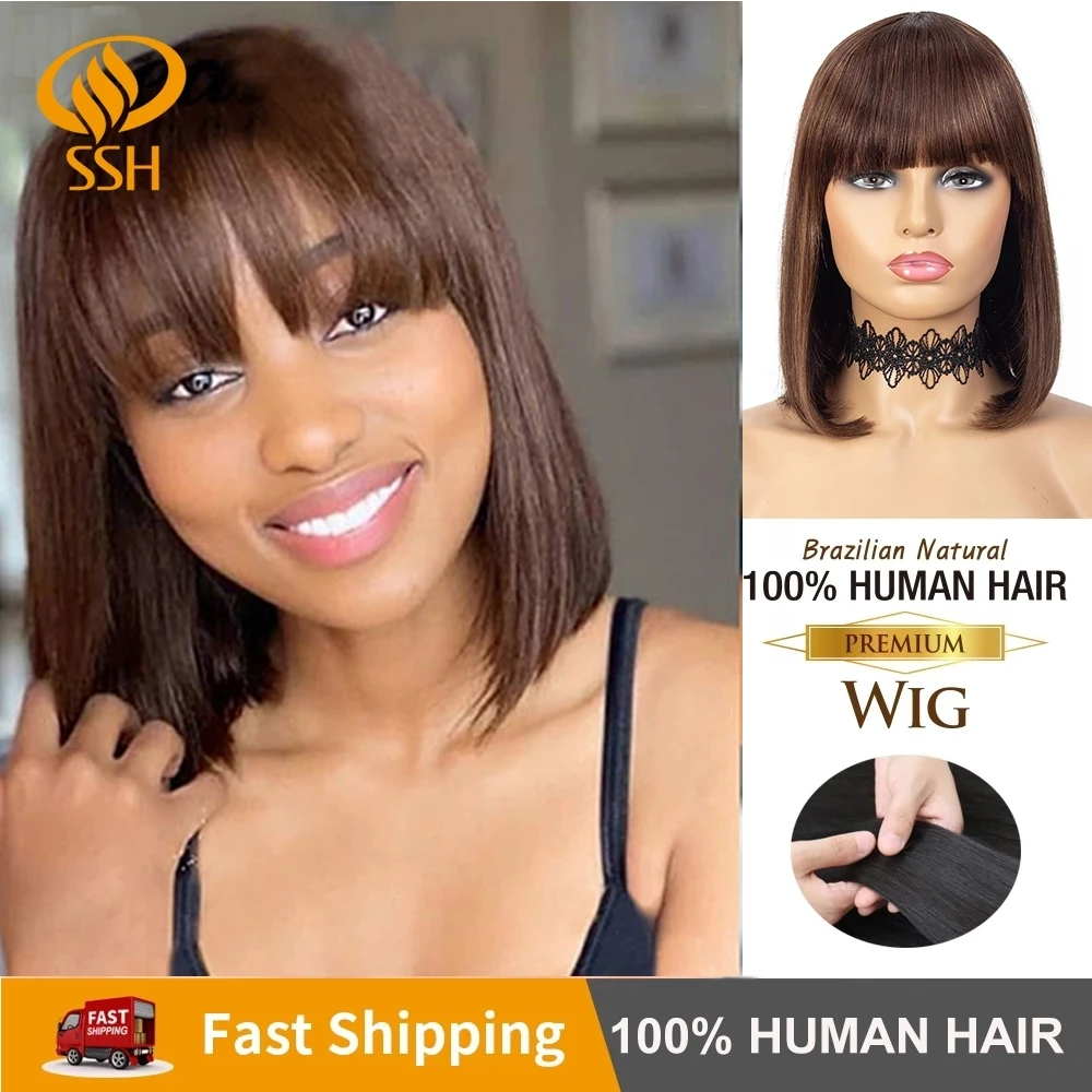 Top Trends: Wear Go Glueless Short Human Hair Wig With Fringe For Women Straight Remy Hair With Bangs Dark Brown Balayage Highlight Ombre Shoppable Styles