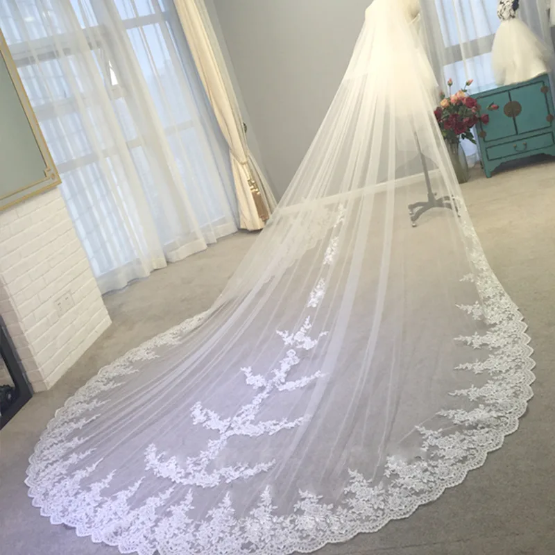 Top Trends: 4 Meter White / Ivory One Layer Beautiful Cathedral Length Lace Edge Wedding Veil With Comb Long Bridal Veil 2020 Shoppable Styles