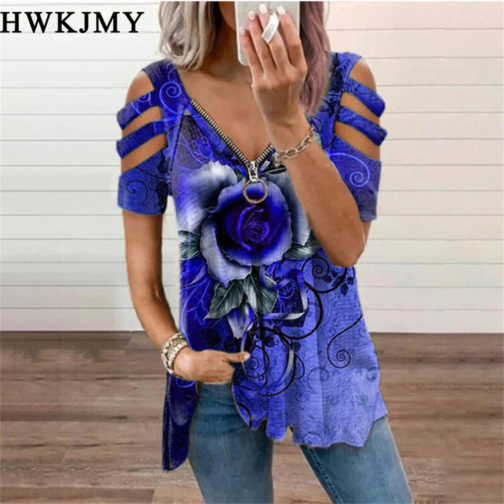 Top Trends: Summer Women's Clothing Casual V-neck Off Shoulder Short Sleeved Tops Zipper Tee Ladies Printing Shirts Loose Cotton T-shirt Shoppable Styles