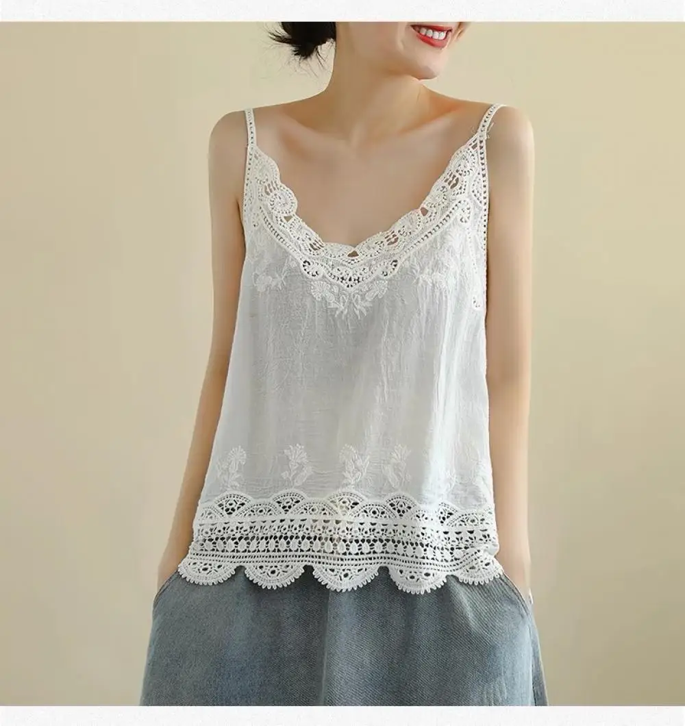 Top Trends: Hollow Lace Camisole Loose And Simple Inner Base Shirt Top 2021 Sleeveless Tank Top Sexy Women&#039;s T Shirt Vest Tank Tops White Shoppable Styles