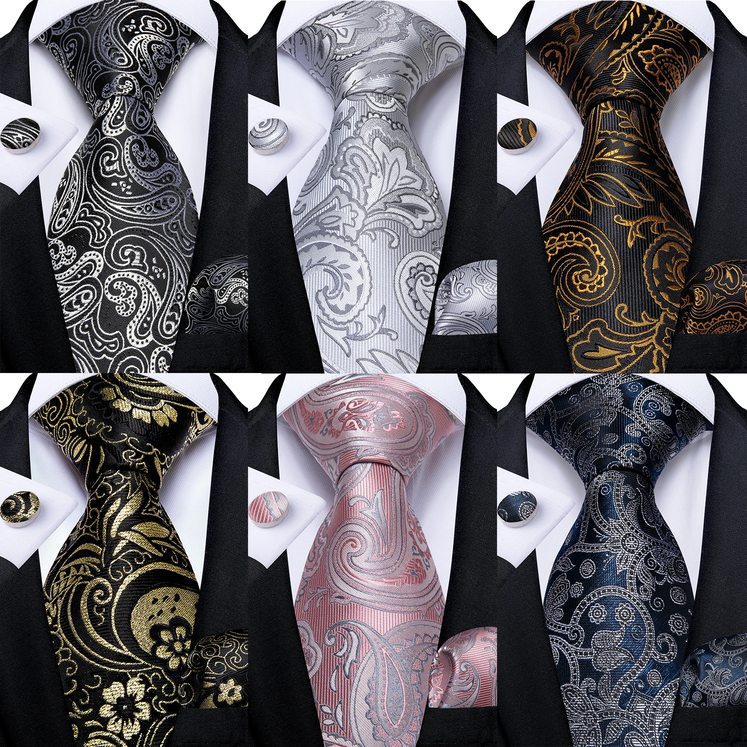 Top Trends: Black And Silver Paisley Floral Men's Ties Gray Blue Pink Wedding Accessories Neck Tie Set Handkerchief Cufflinks Gift For Men Shoppable Styles