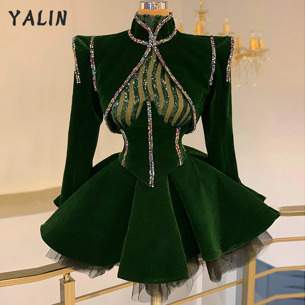 Top Trends: YALIN Dark Green Velour Beading Cocktail Dresses Charming A-line Crystals Long Sleeves Formal Party Gown Robe De Soiree Chic Shoppable Styles