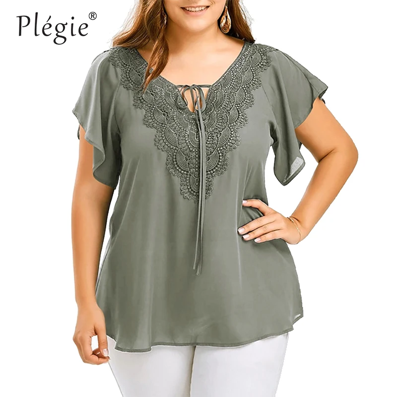 Top Trends: Plegie Large Size Lace Patchwork Shirt Womens Tops And Blouses Short Sleeve Big Size Blusas Femininas Blusas Mujer De Moda 2022 Shoppable Styles