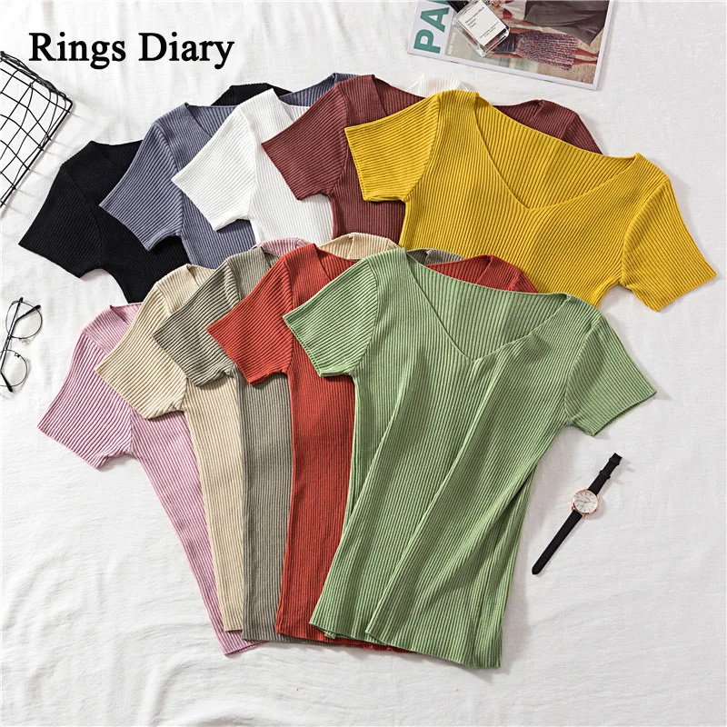 Top Trends: Rings Diary Women Soft Rib Knit Tees Summer Knitting V Neck Short Sleeve Slim Fit Basic Tshirts Retro Basic Going Out Cute Tops Shoppable Styles