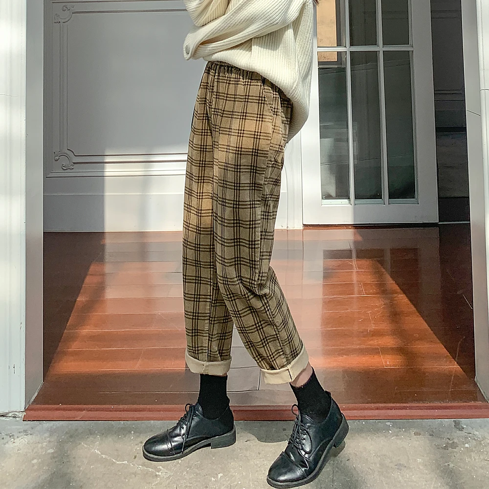 Top Trends: Vintage Plaid Corduroy Pants Women Autumn Winter New Warm Loose Straight Harem Pants High Waist Thicken Cropped Trousers Female Shoppable Styles