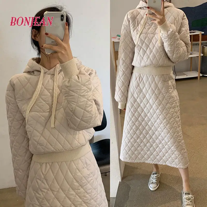 Top Trends: 2023 Winter Fashion Rhombus Hooded Good Quality Dress Suit High Waist A-line Skirt Thickened Warm Cotton Two-piece Suit Shoppable Styles