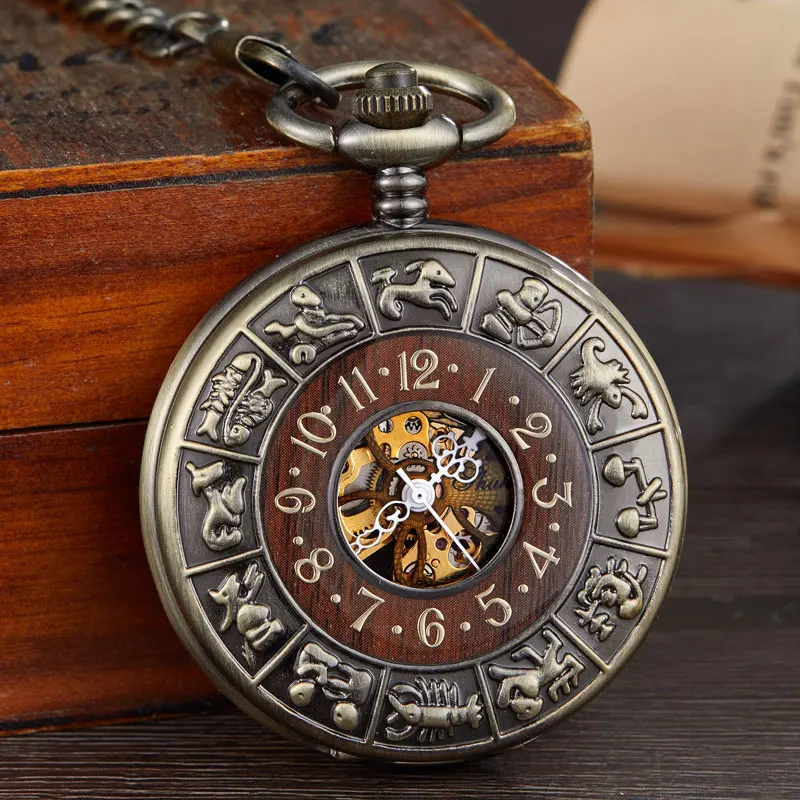 Top Trends: Vintage Wood Circle Carved Mechanical Pocket Watch Men Unique Hollow Steampunk Skeleton Number Dial Mechanical Watches Chain Shoppable Styles