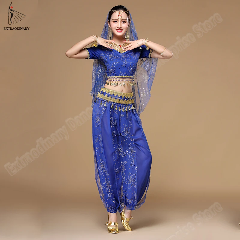 Top Trends: Women Bollywood Dance Costumes Set Indian Belly Dance Sari Dancewear Coin Chiffon Top Belt Pants Veil Headwear Suit Shoppable Styles