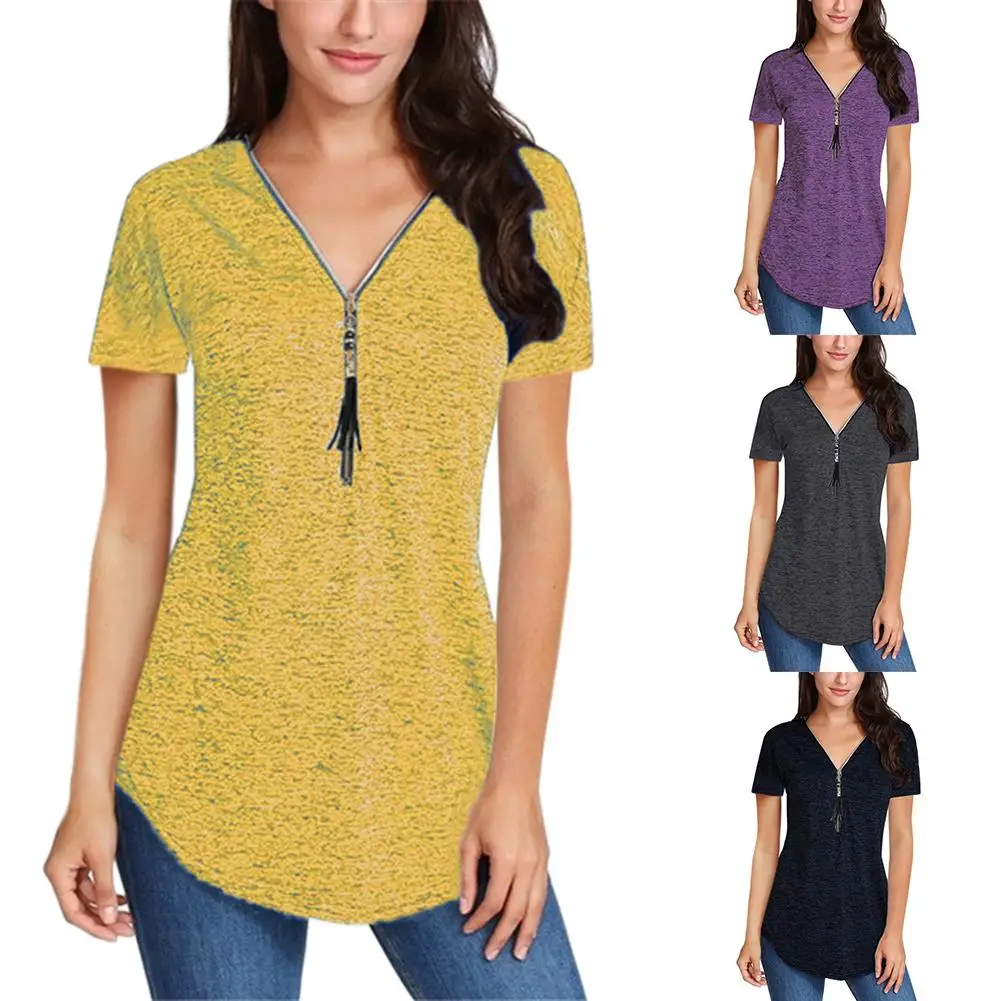 Top Trends: Tassel Zipper V Neck Short Sleeve T-Shirt Casual Women Solid Color Tunic Top Shoppable Styles