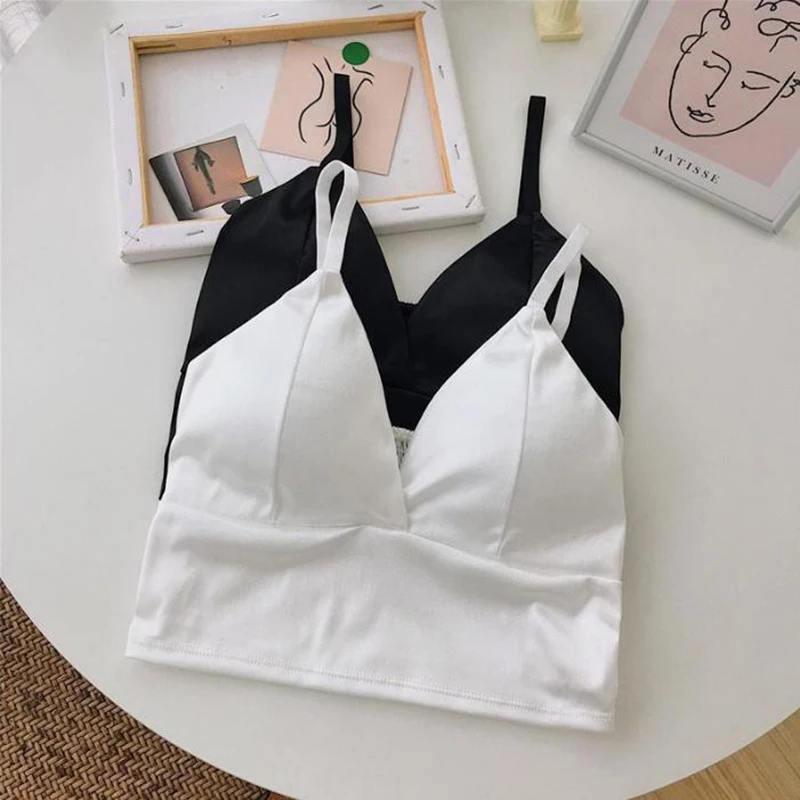 Top Trends: Women Wireless Bralette Crochet Top Sexy Satin Crop Tops Female Spaghetti Strap Tshirt Cropped With Chest Padded Camisole Shoppable Styles